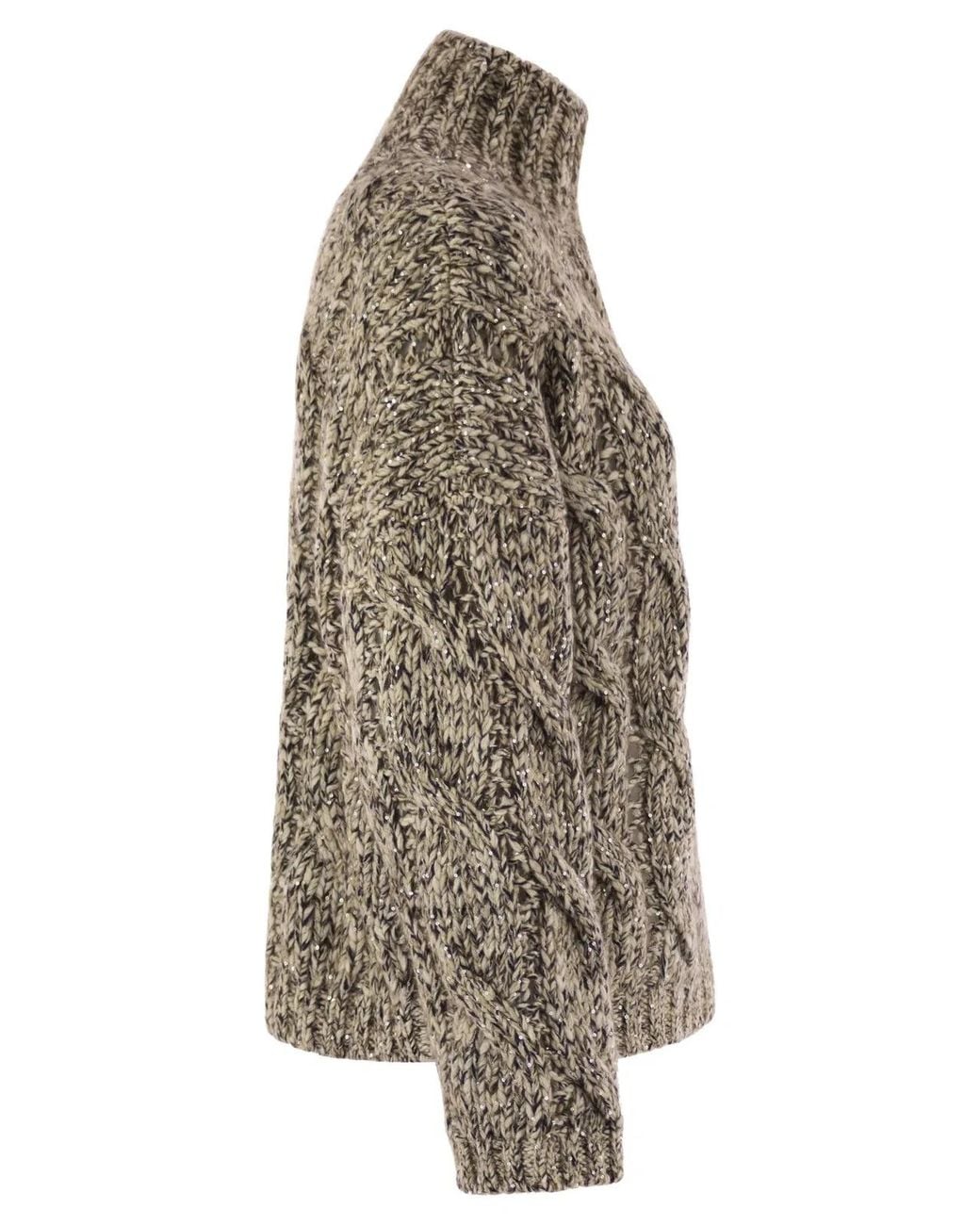 Brunello Cucinelli Brown Soft Wool, Cashmere And Mohair Turtleneck Sweater With Braided Design