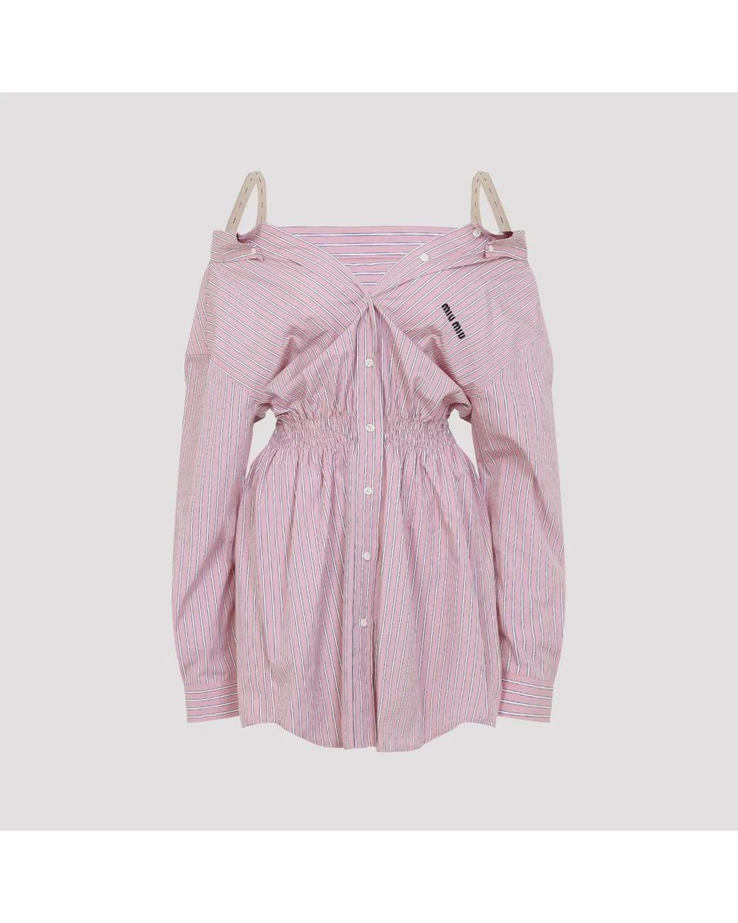 Miu Miu Purple Elasticated Waistband Striped Shirt Mini Dress