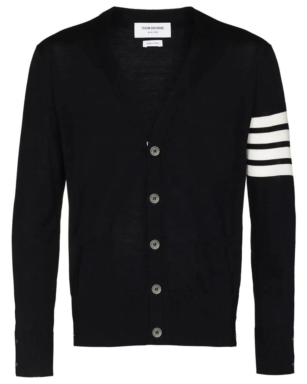 Thom Browne Black Cardigan Laine Mérinos Gris Chiné Col V Bandes Manche
