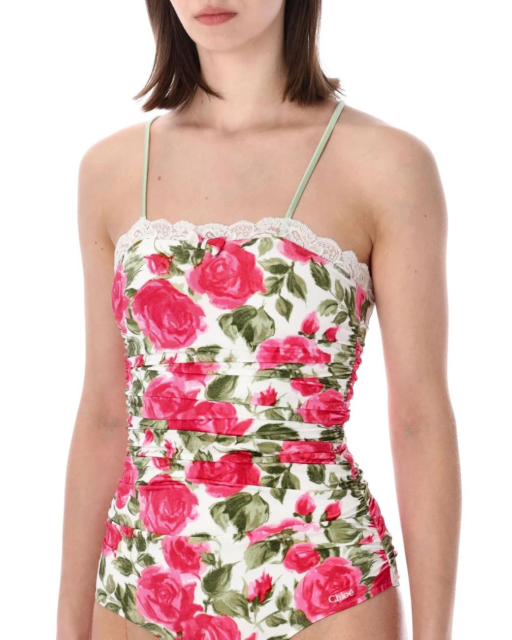 Chloé White Rose Print Ruched Swimsuit