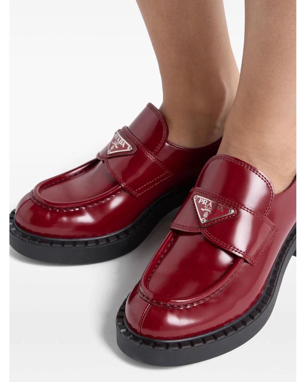Prada Red Chocolate Leather Logo Loafers