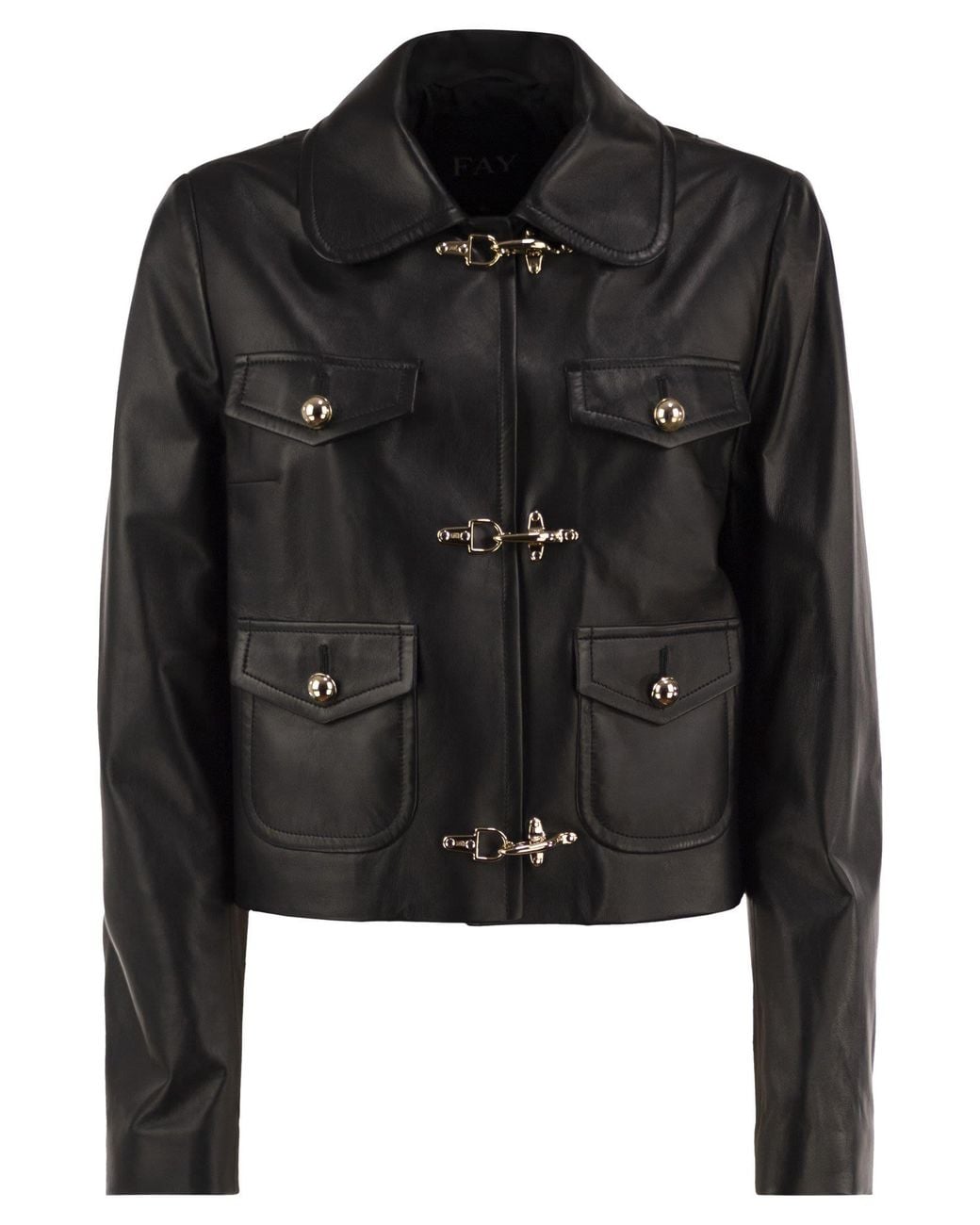Fay Black Cropped Genuine Leather Jacket With Hooks