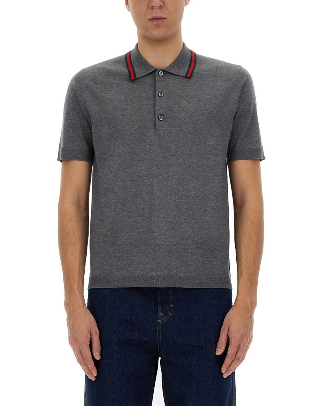 Gucci Gray Polo Shirt With Web Pattern for men