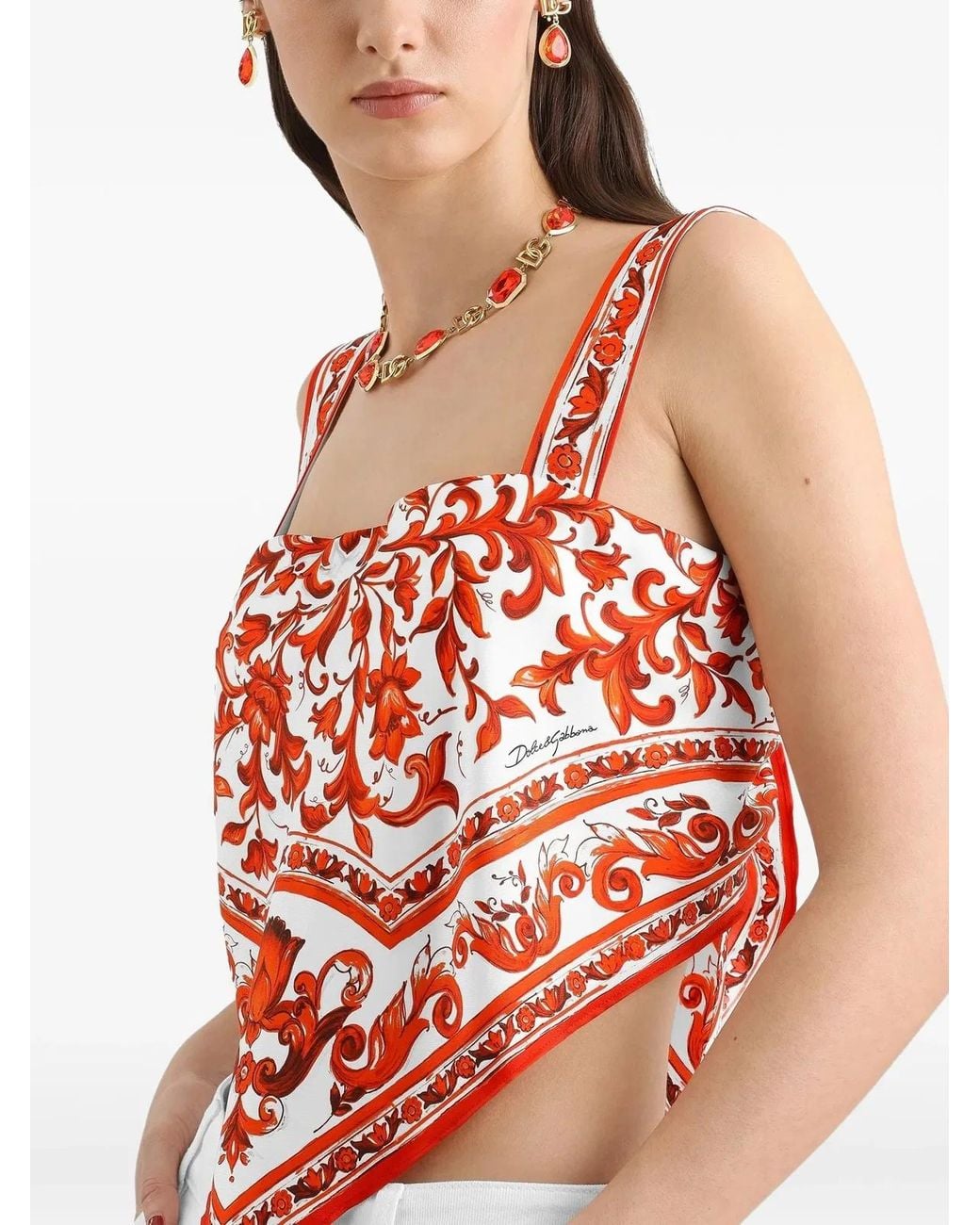 Dolce & Gabbana White Dolce & Gabbana Majolica-Print Silk Twill Bustier Top