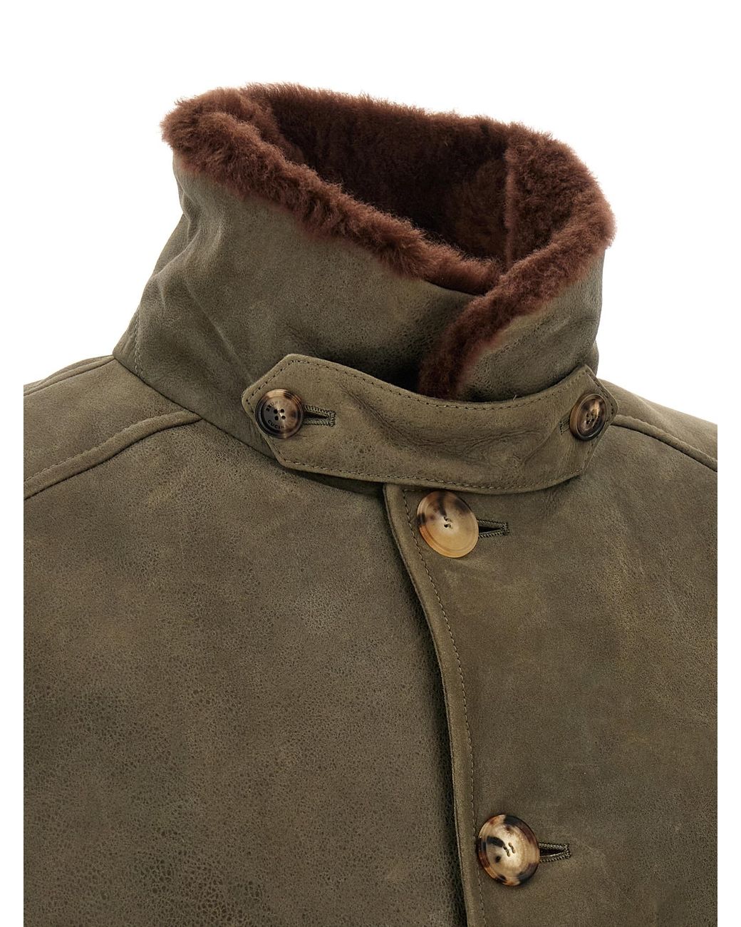 Brunello Cucinelli Green Waxed Shearling Bomber Jacket for men