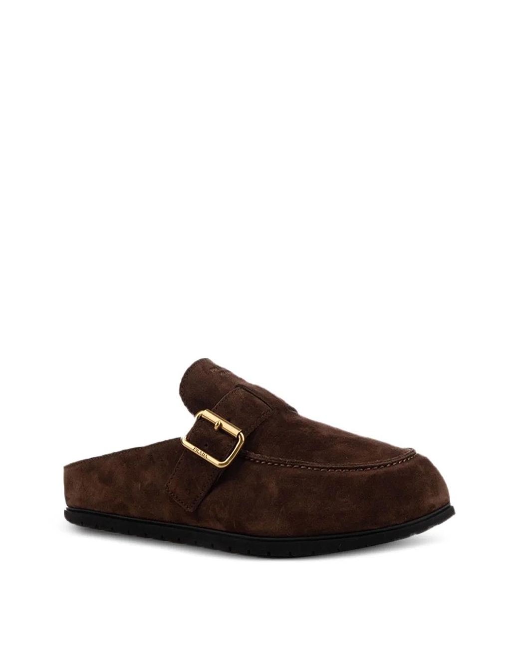 Prada Brown Buckle-Fastening Shearling-Lined Mules