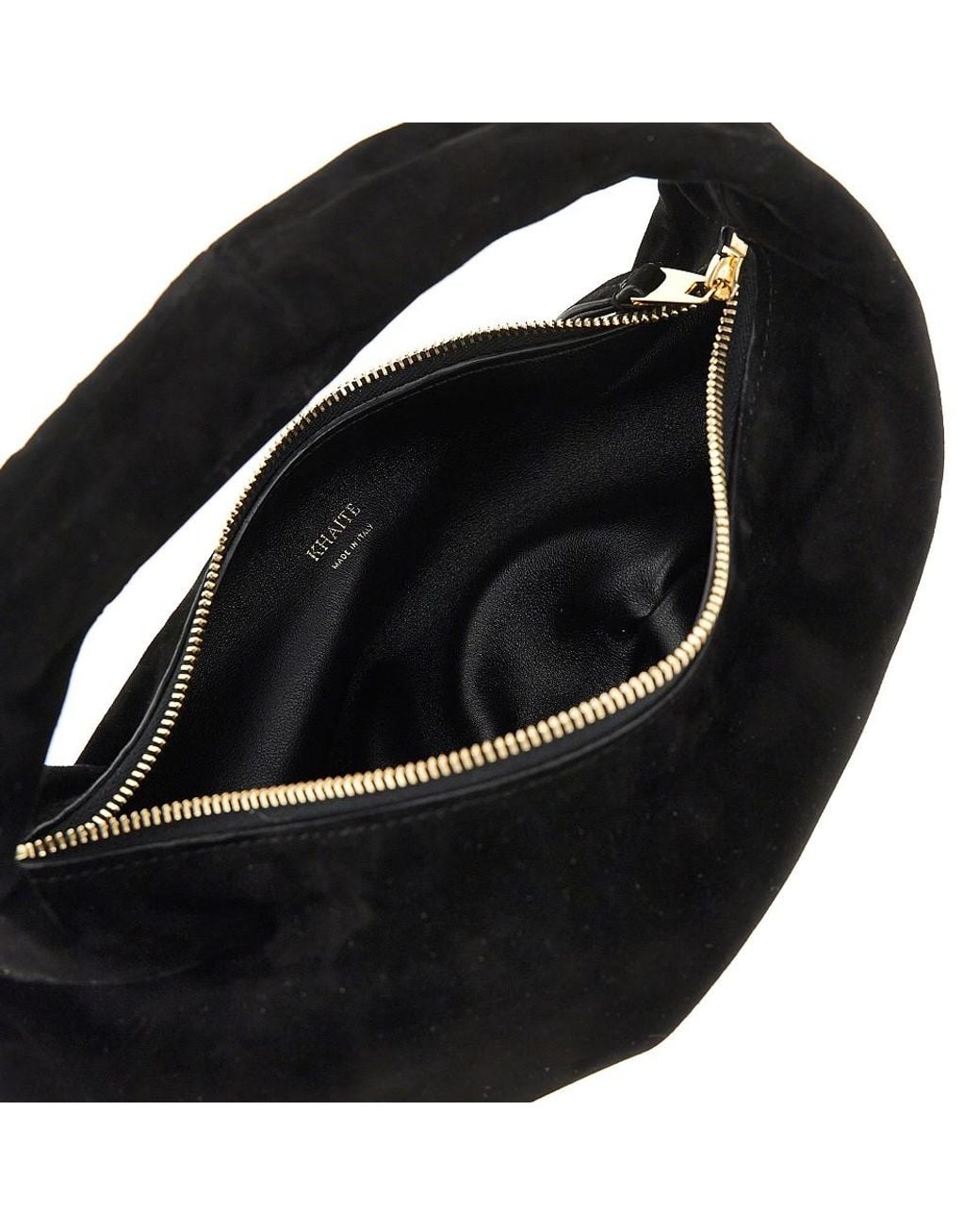 Khaite Black Mini Hobo Bag Made From Soft Suede Leather With Integrated Handle To Carry By Hand. -Tone Mini Logo Print
