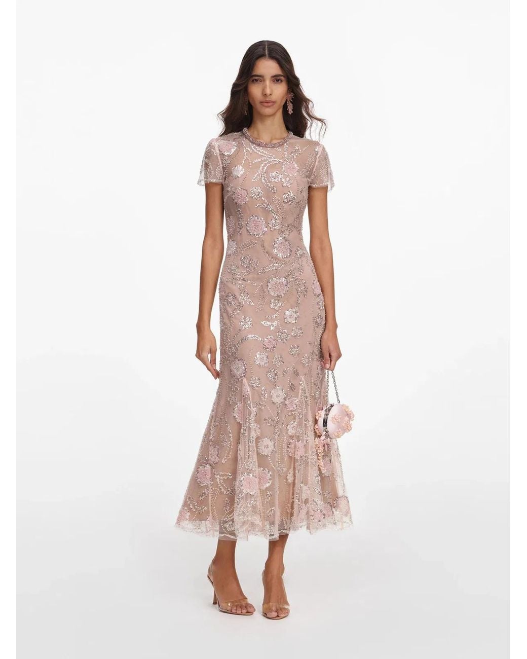 Self-Portrait Pink Flower Sequin Embellished Midi Dress