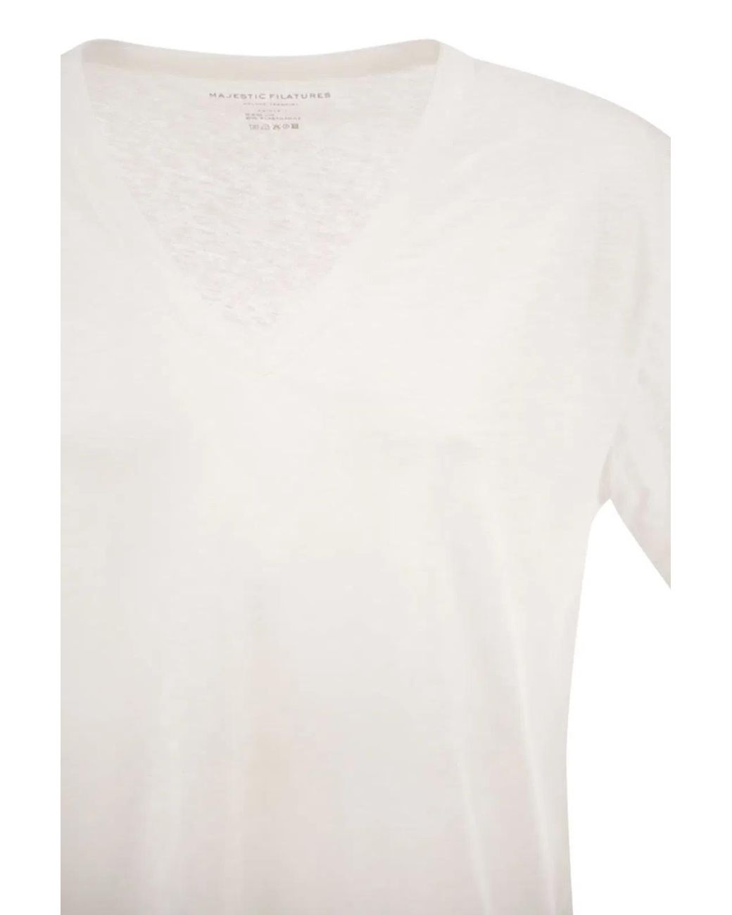 Majestic White Stretch Linen T-Shirt With V-Neck