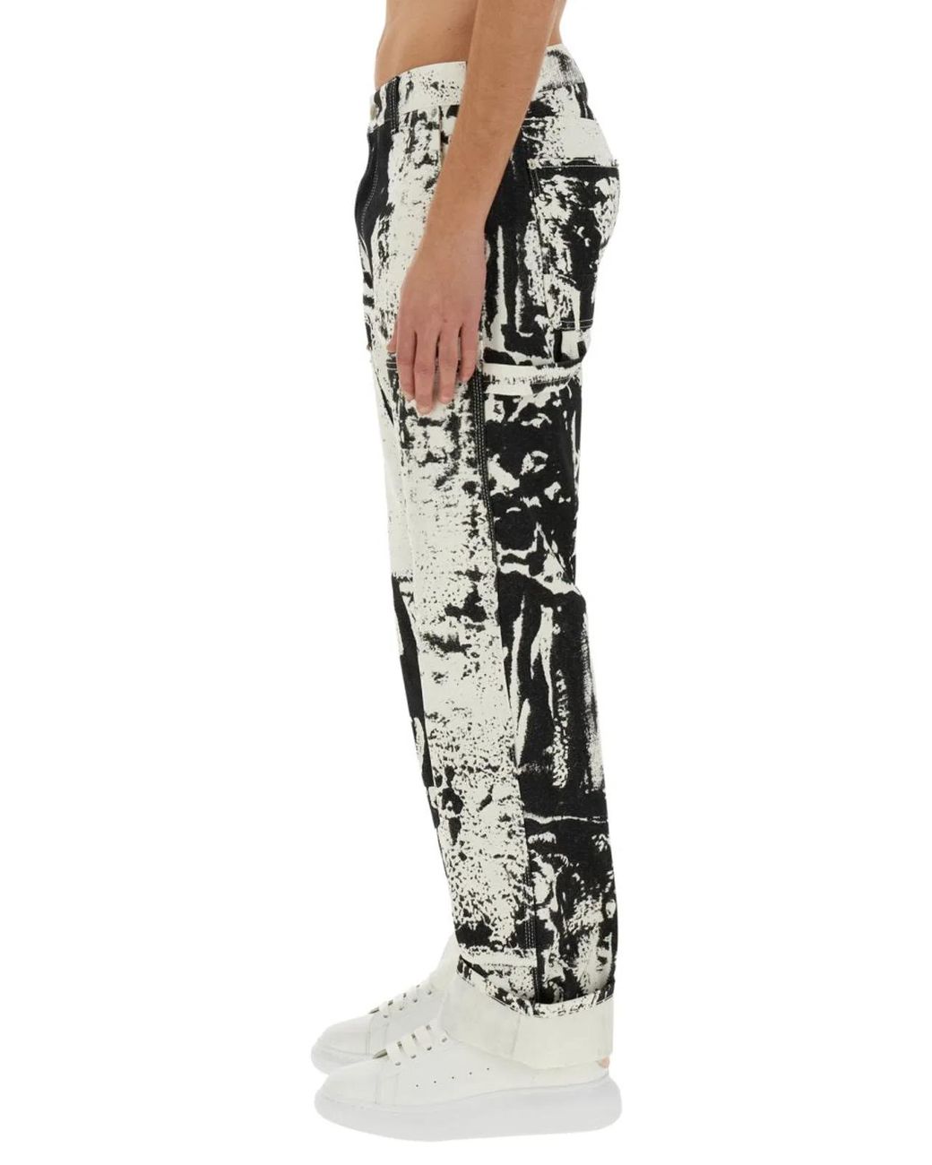 McQueen Black Workwear Jeans With Fold Print for men