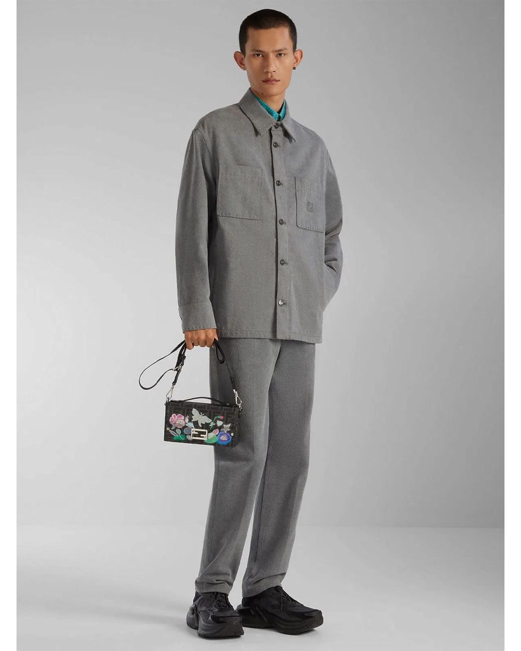 Fendi Gray Denim Shirt With Embroidery for men