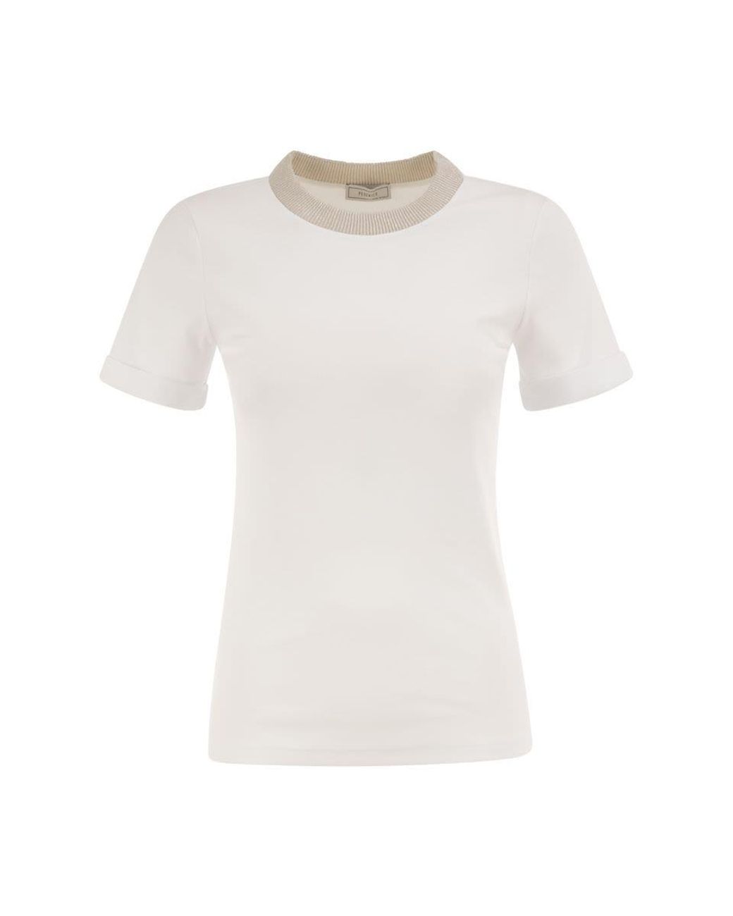 Peserico White Stretch Cotton Jersey T-Shirt With Lamé Knit Neckline