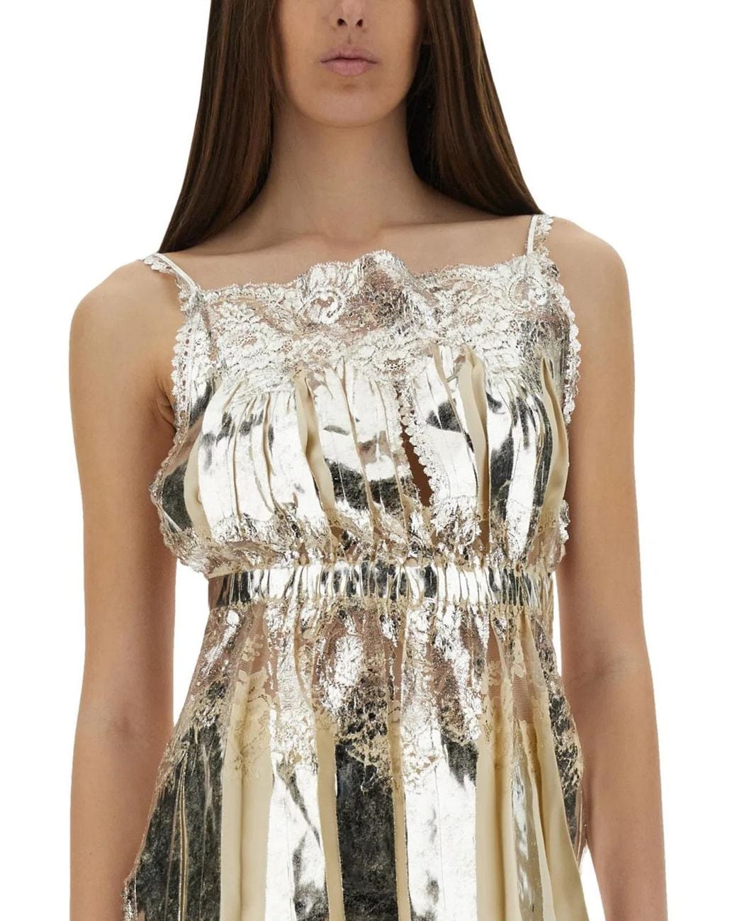 Rabanne Natural Laminated Pleated Satin Top