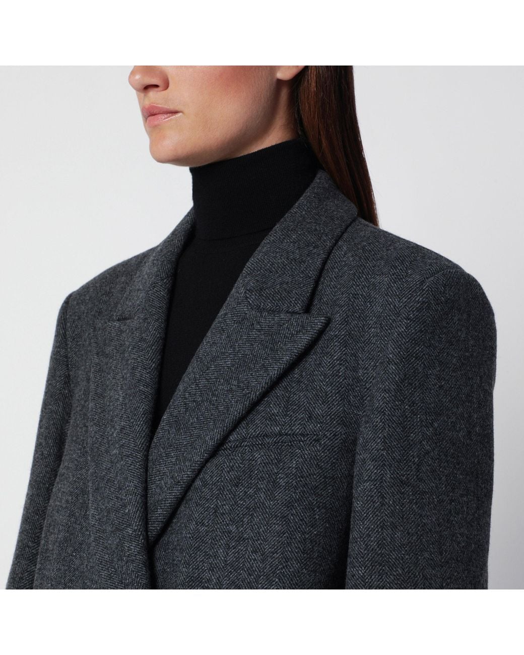 Source Unknown Black Dark Reyna Double-Breasted Herringbone Coat