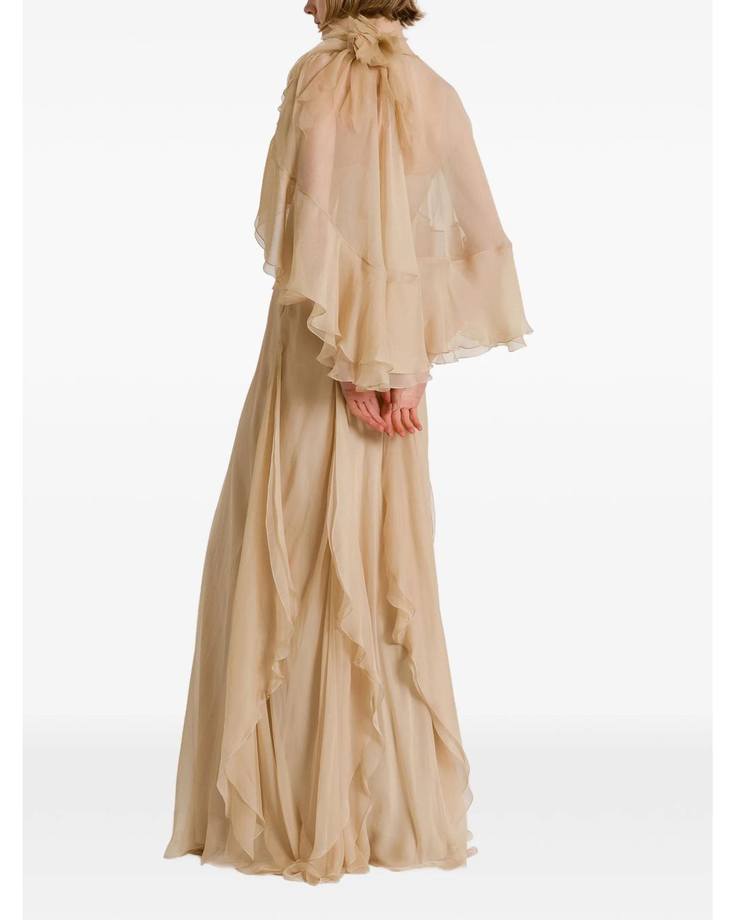 Alberta Ferretti Natural Flowing Maxi Dress With Sheer Overlay And Ruffled Edges