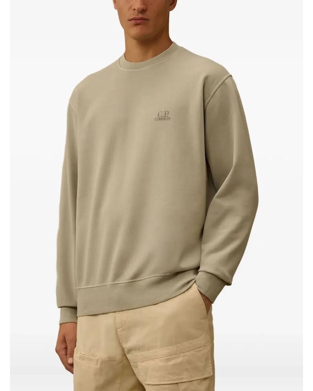 C P Company Natural C.P.Company Diagonal Fleece Hooded Logo Sweatshirt for men