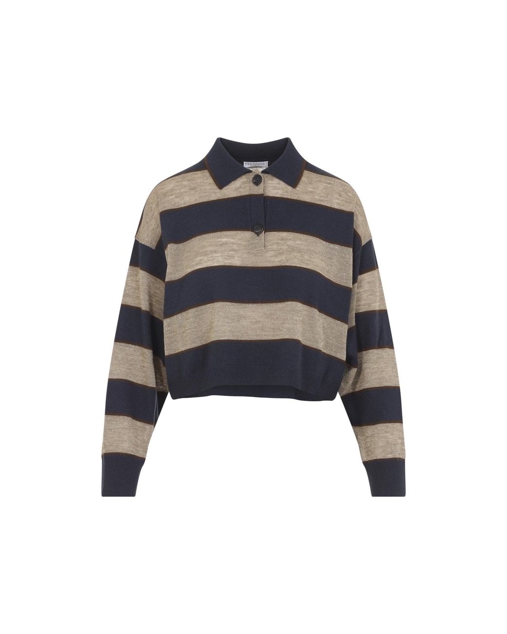Brunello Cucinelli Blue Sparkling Stripes Cropped Polo Shirt