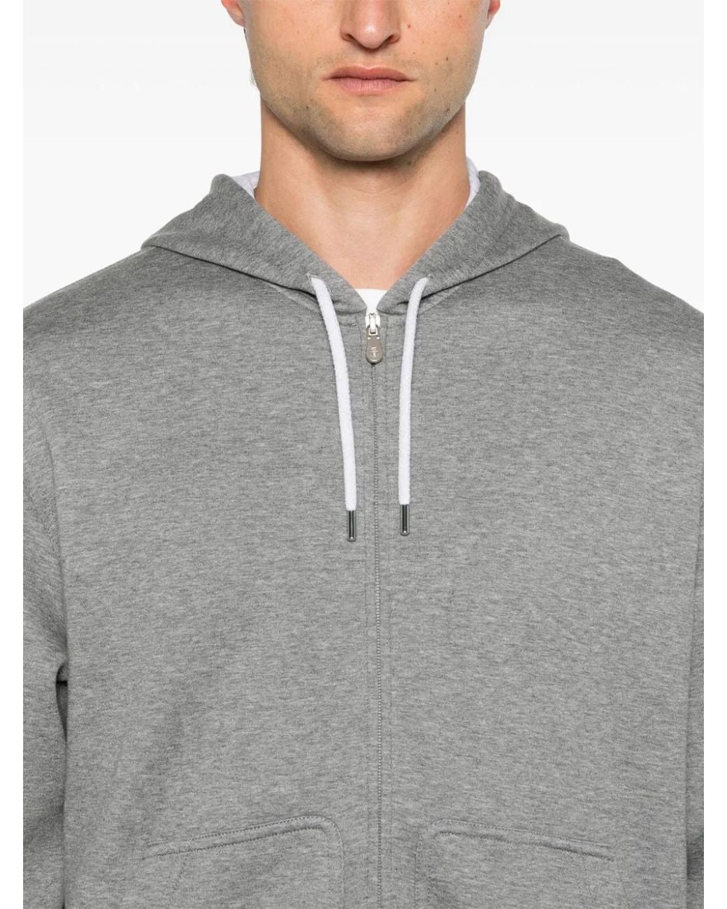 Brunello Cucinelli Gray Melange Cotton-Blend Zip-Up Hoodie Featuring Cashmere, Silk, And Kangaroo Pockets for men