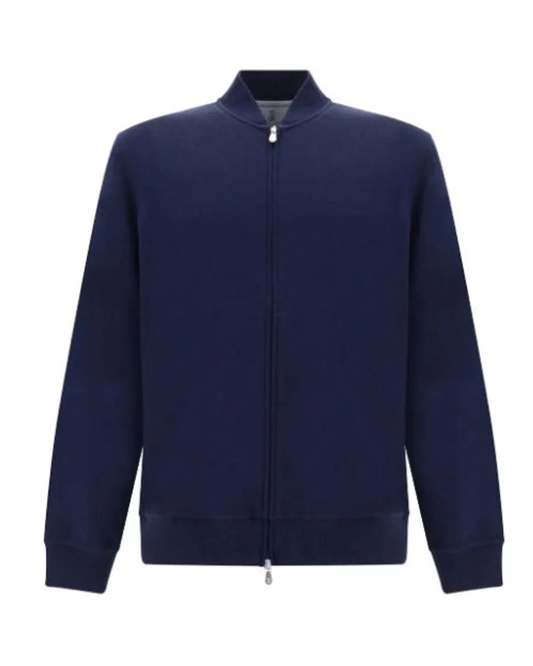Brunello Cucinelli Blue Oxford Cotton-Blend Zip-Up Sweatshirt Featuring A Ribbed Crew Neck And Side Pockets for men