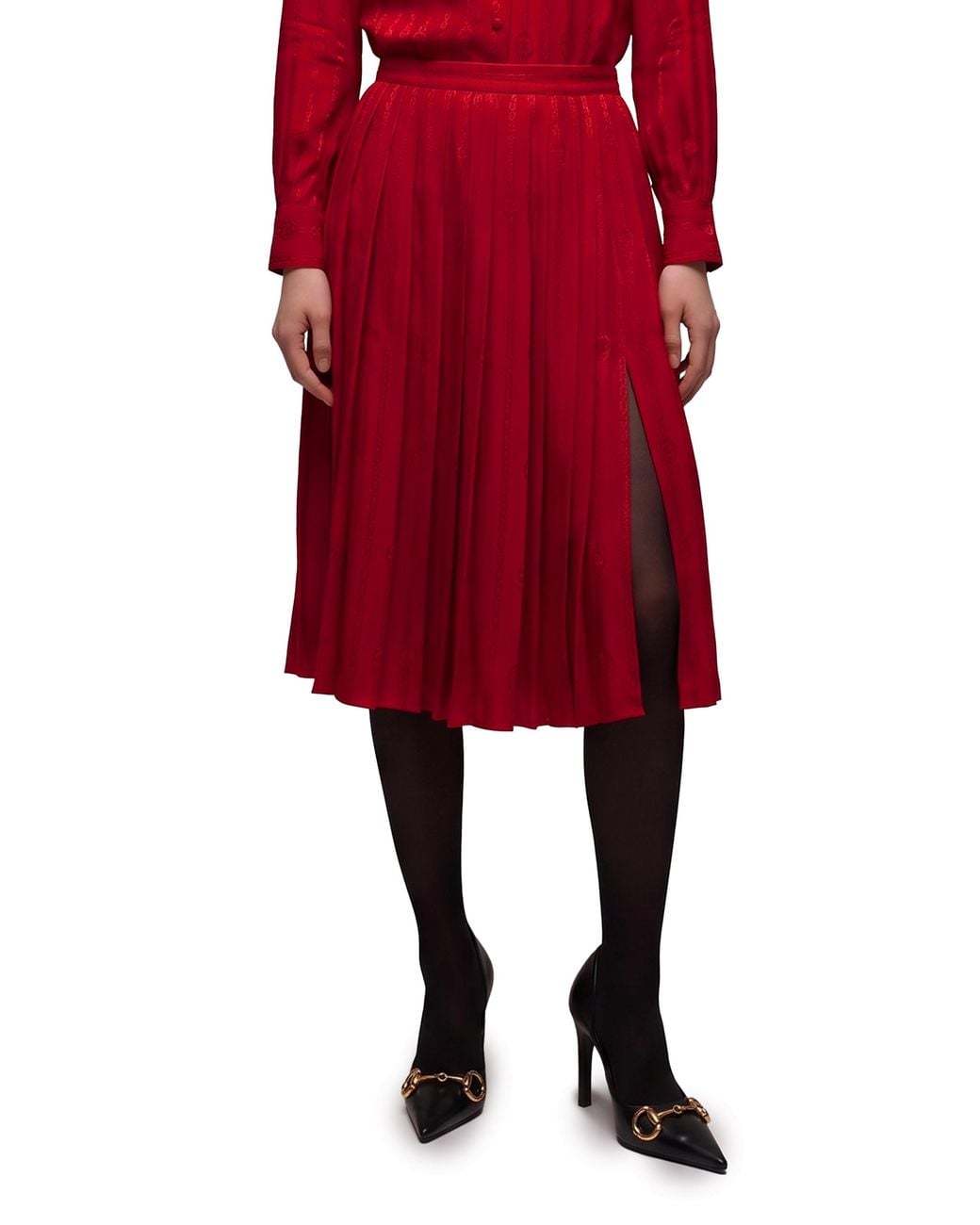 Gucci Red Interlocking G Chain Silk Jacquard Midi Skirt