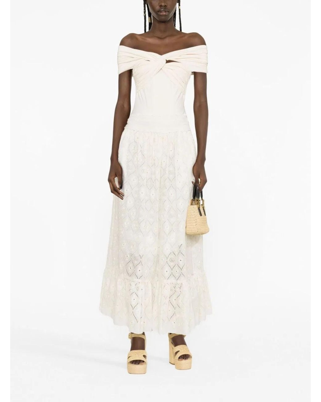 Gucci White Embroidered Long Skirt