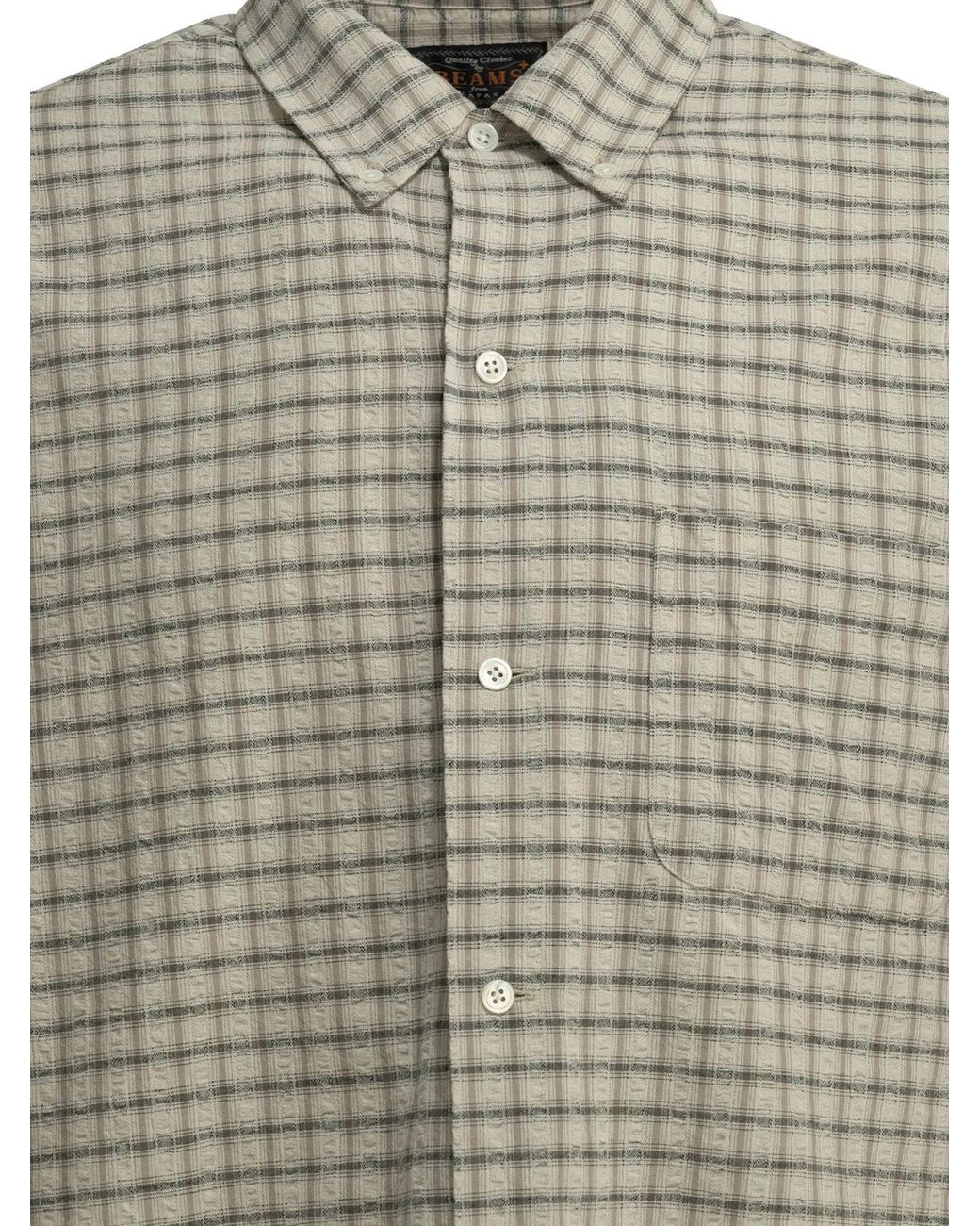 Beams Plus Gray Open Bd Sucker Cotton Linen Casual Shirt for men
