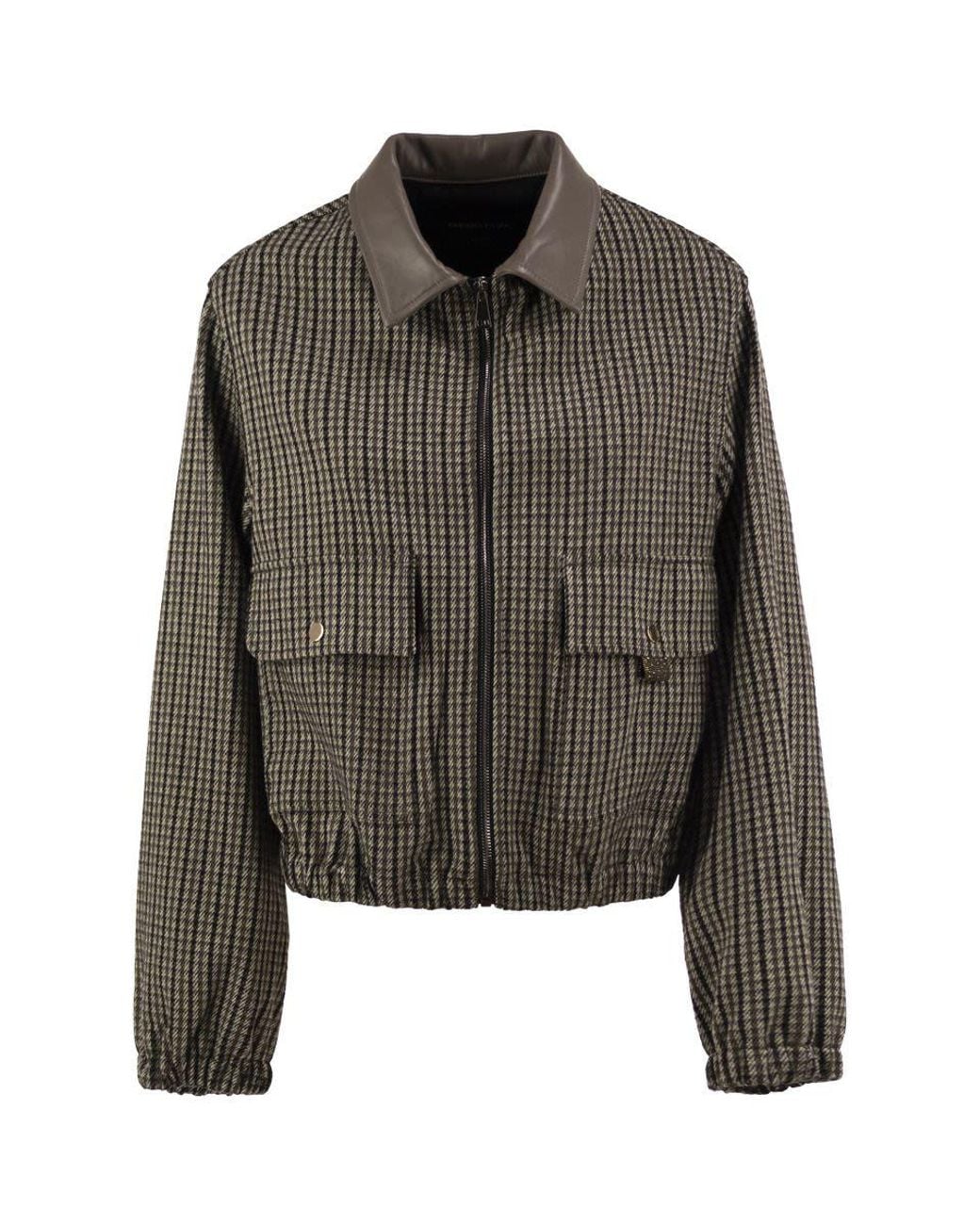 Fabiana Filippi Brown Short Houndstooth Bomber Jacket With Genuine Leather Collar