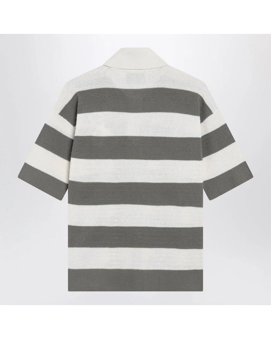 AMI Gray Ami De Coeur Striped Cotton Knit Polo Shirt