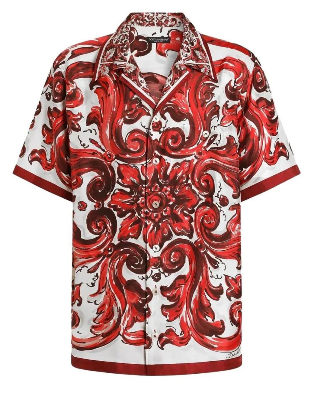 Dolce & Gabbana Red Dolce & Gabbana Hawaii Silk Twill Shirt With Maiolica Print for men