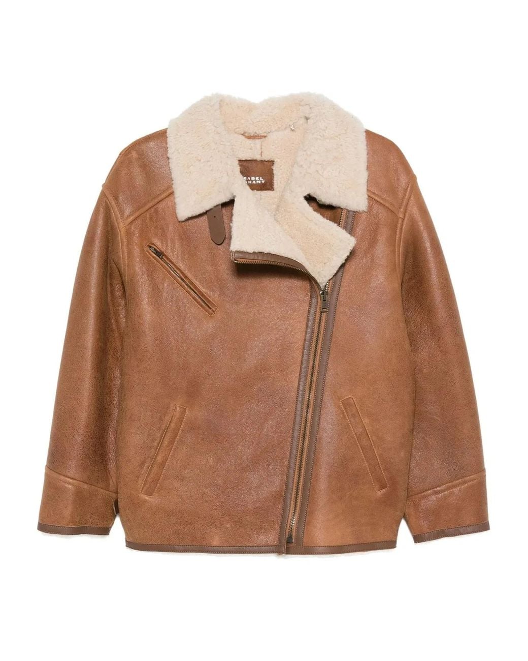 Isabel Marant Brown Boxy Leather Coat With Plush Shearling Collar