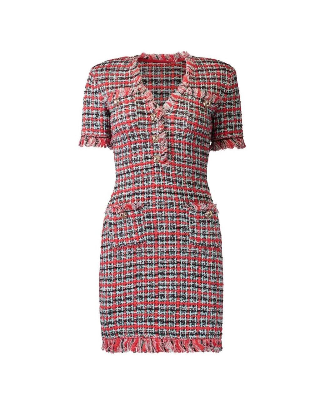Self-Portrait Pink Check Frayed Knit Mini Dress