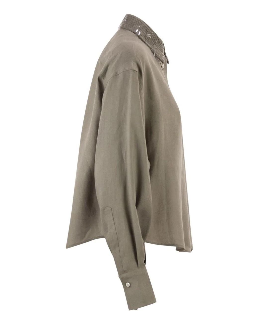 Brunello Cucinelli Green Linen Shirt With Sequin-Embroidered Collar