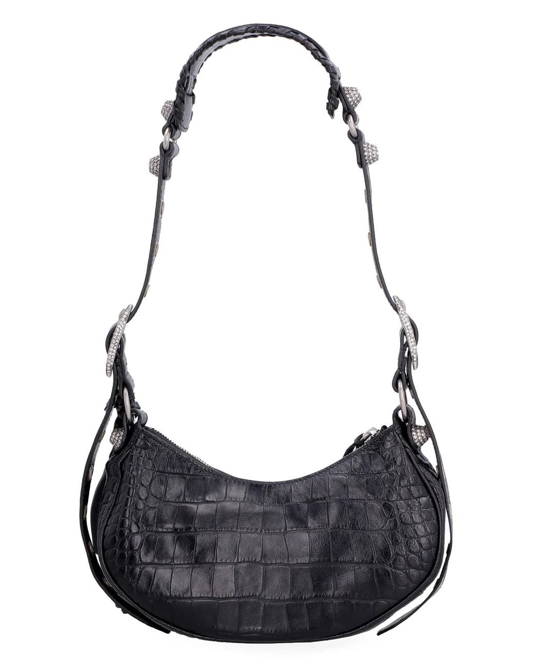 Balenciaga Black Le Cagole Xs Crocodile-Effect Mini Bag With Rhinestones