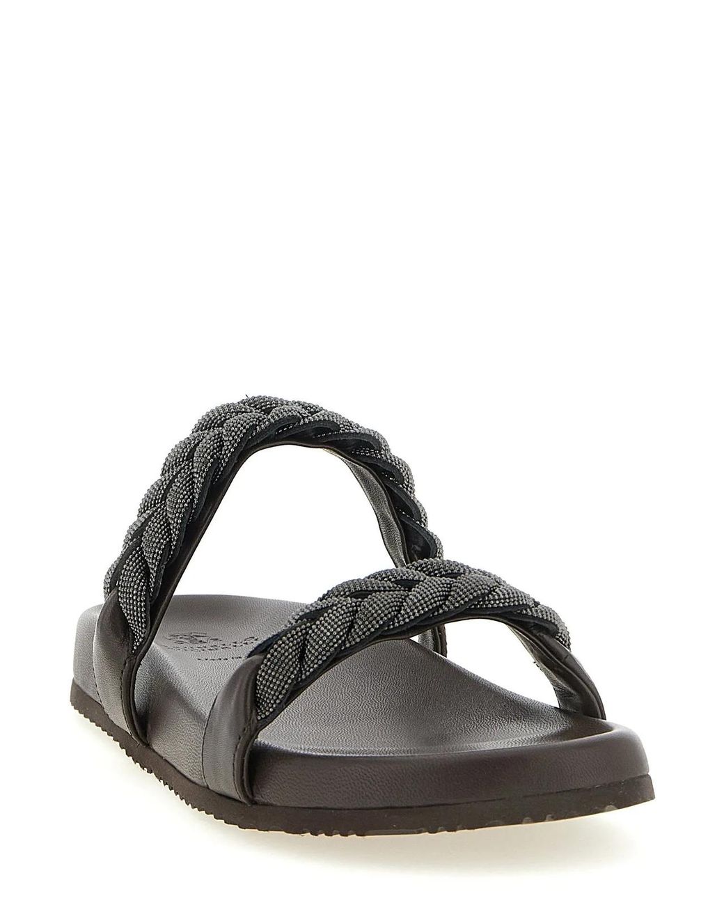 Brunello Cucinelli Black Leather Slides Shoe