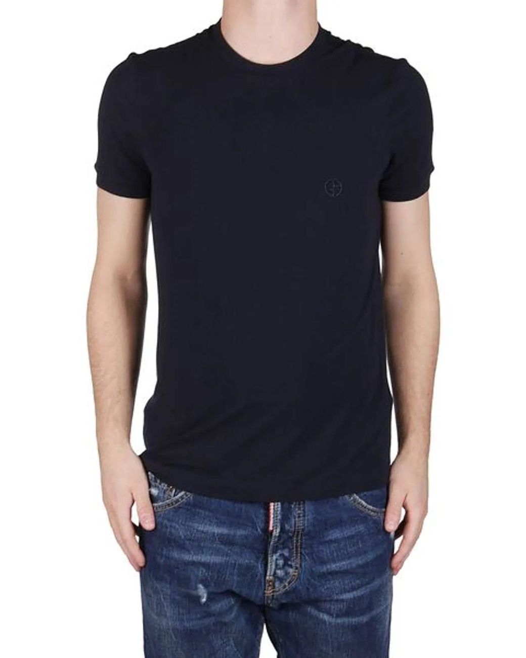 Giorgio Armani Black Embroidered Cotton Crewneck T Shirt for men