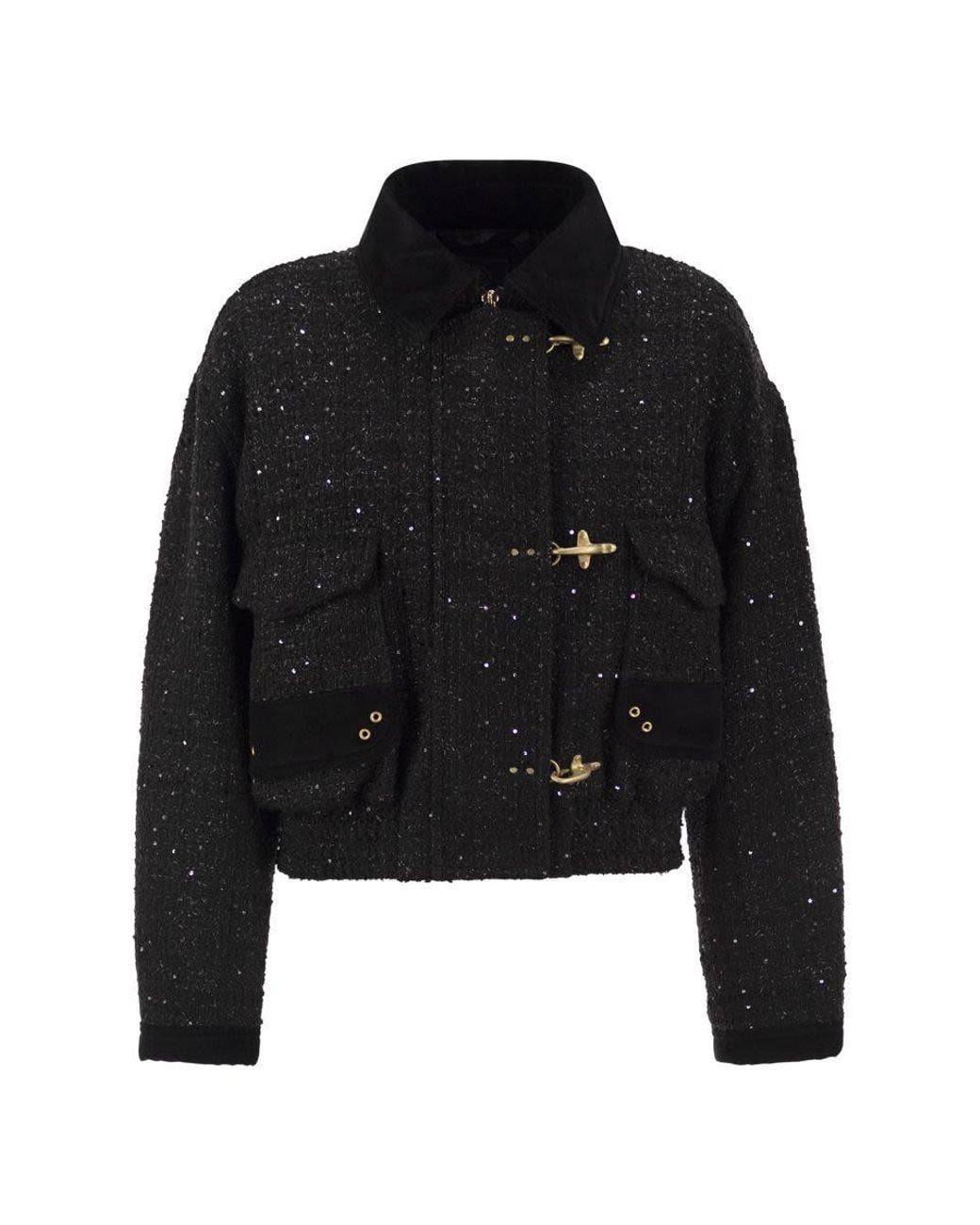 Fay Black Cropped Tweed Jacket With Sequins And Hooks