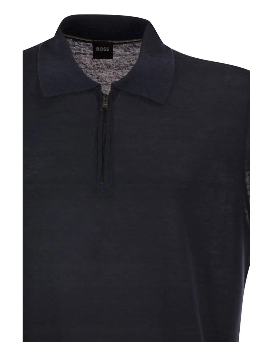 Boss Blue Linen And Viscose Polo Shirt With Zip And Contrast Trims for men
