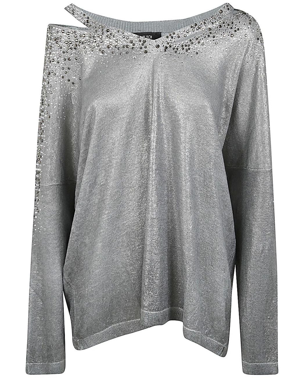 Avant Toi Gray Linen Cotton V-Neck Pullover With Lamination And Strass