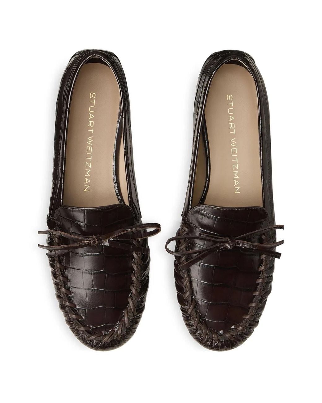 Stuart Weitzman Brown Bow Embossed Loafers