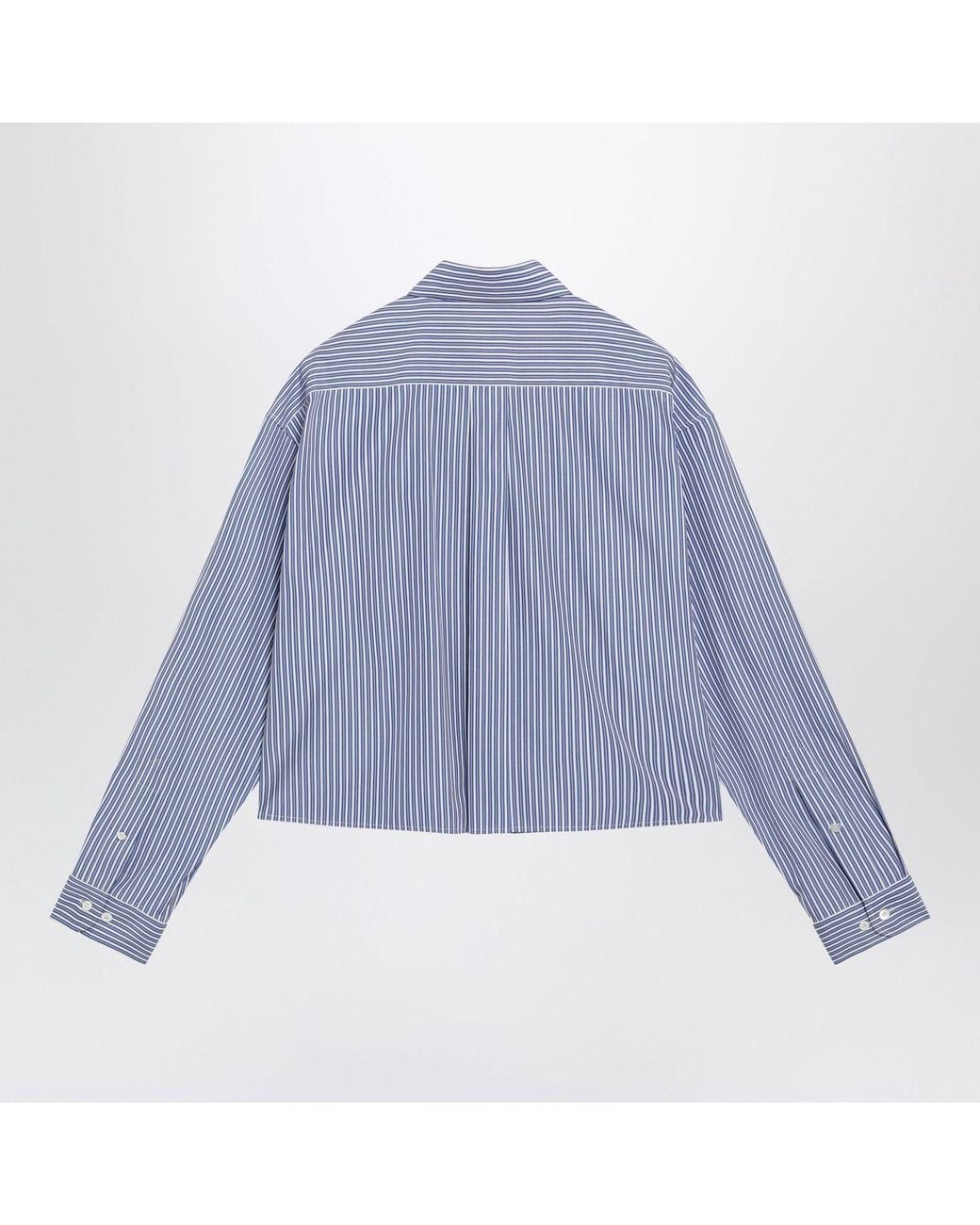 Miu Miu Blue Cobalt Striped Cropped Shirt With Logo Embroidery