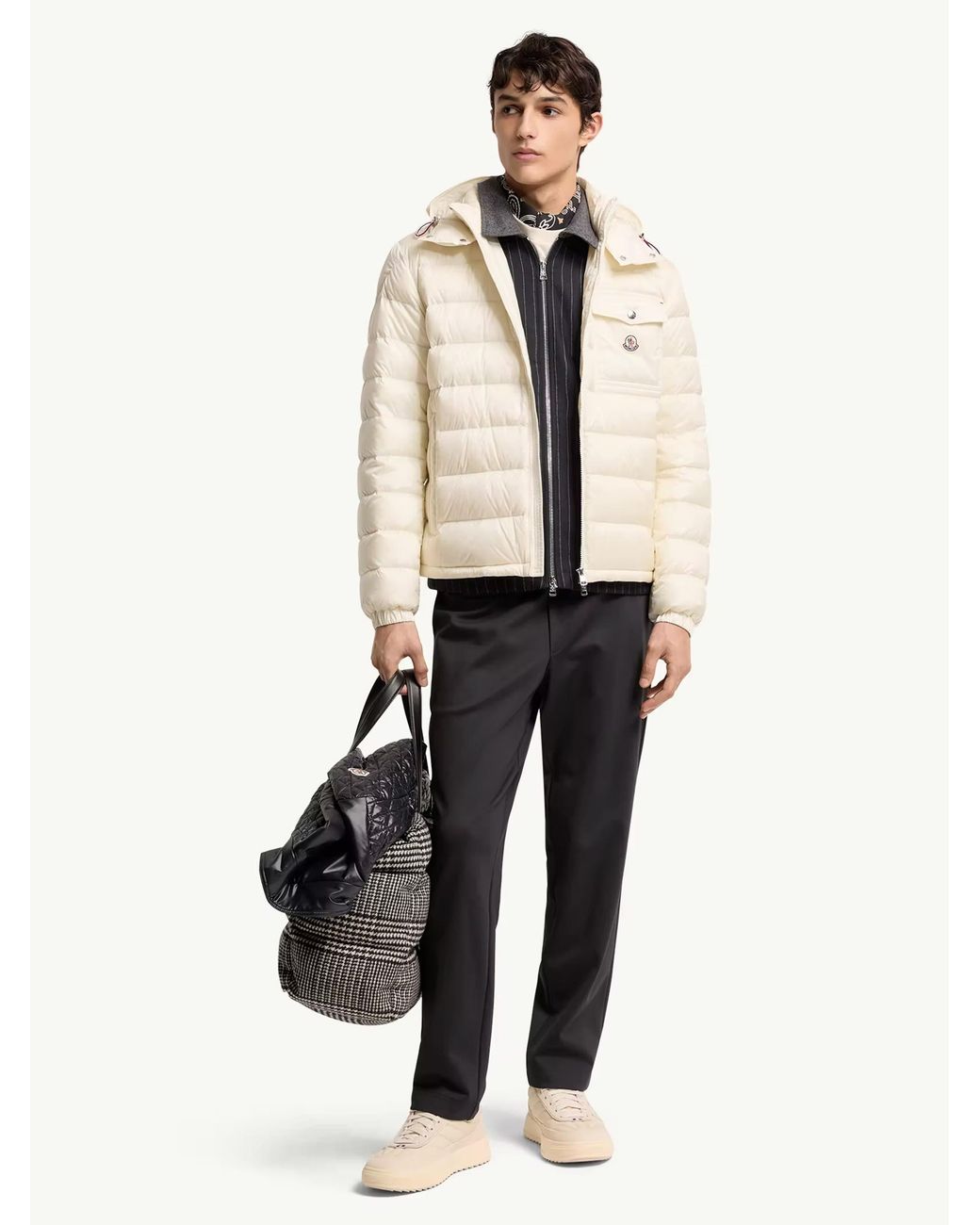 Moncler Natural Quilted Nylon Down Jacket With Detachable Hood, Zip Pockets & Tricolor Accent (Size 3) for men