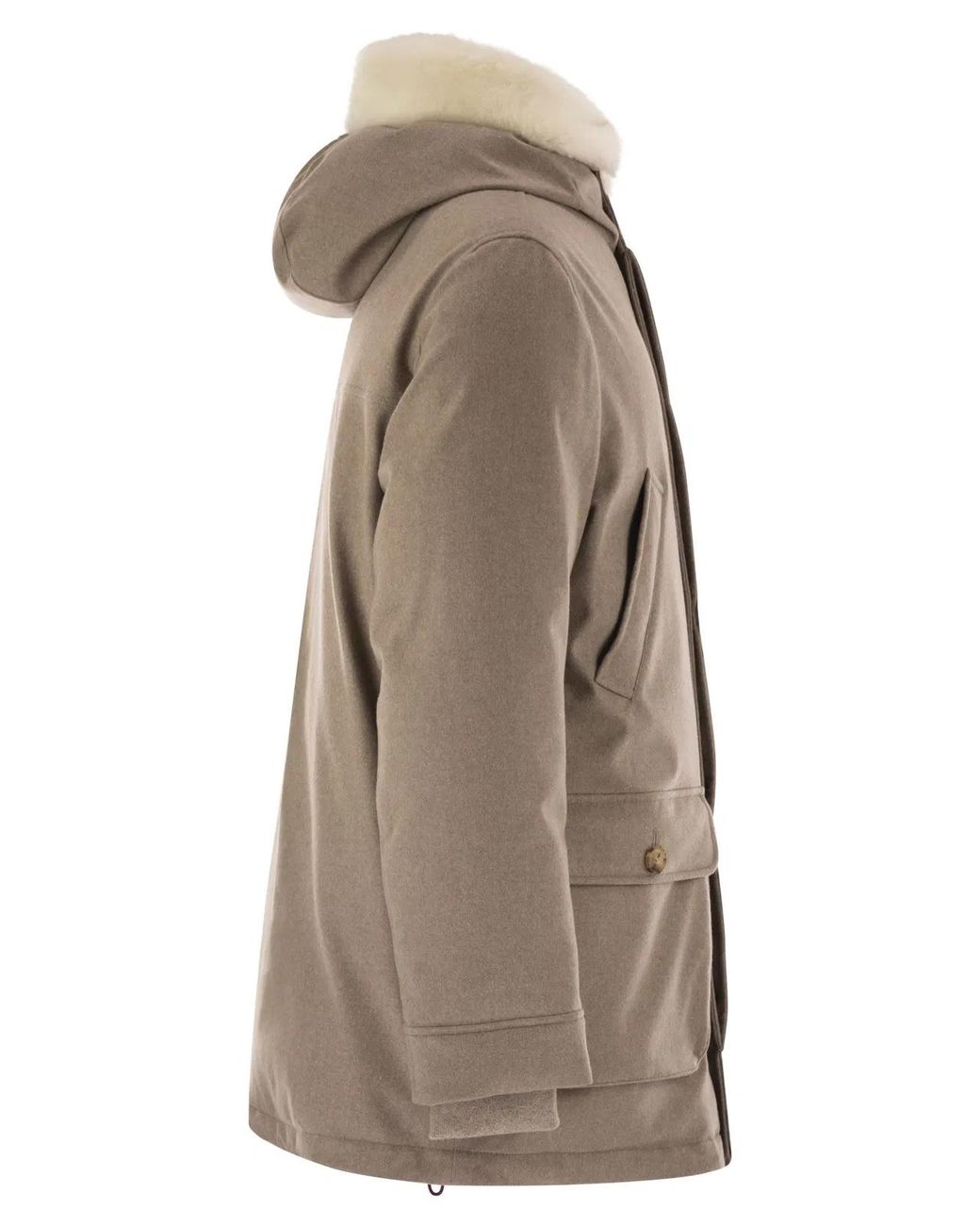 Brunello Cucinelli Brown Wool Coat With Fur Collar for men