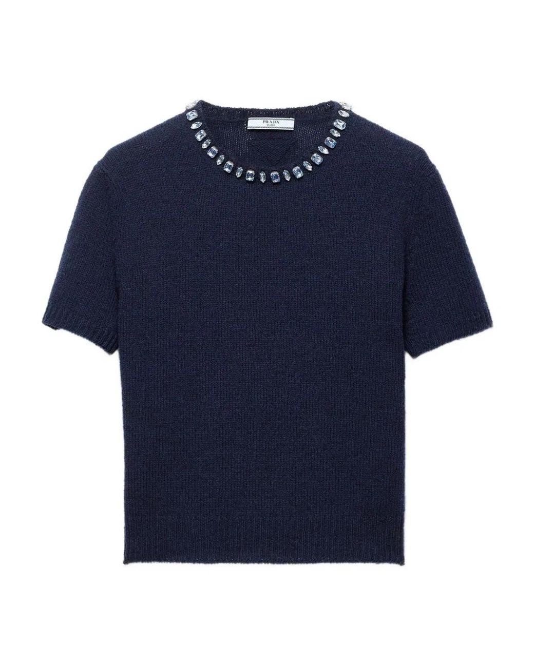 Prada Blue Cashmere Virgin Wool Glass Brass T-Shirt