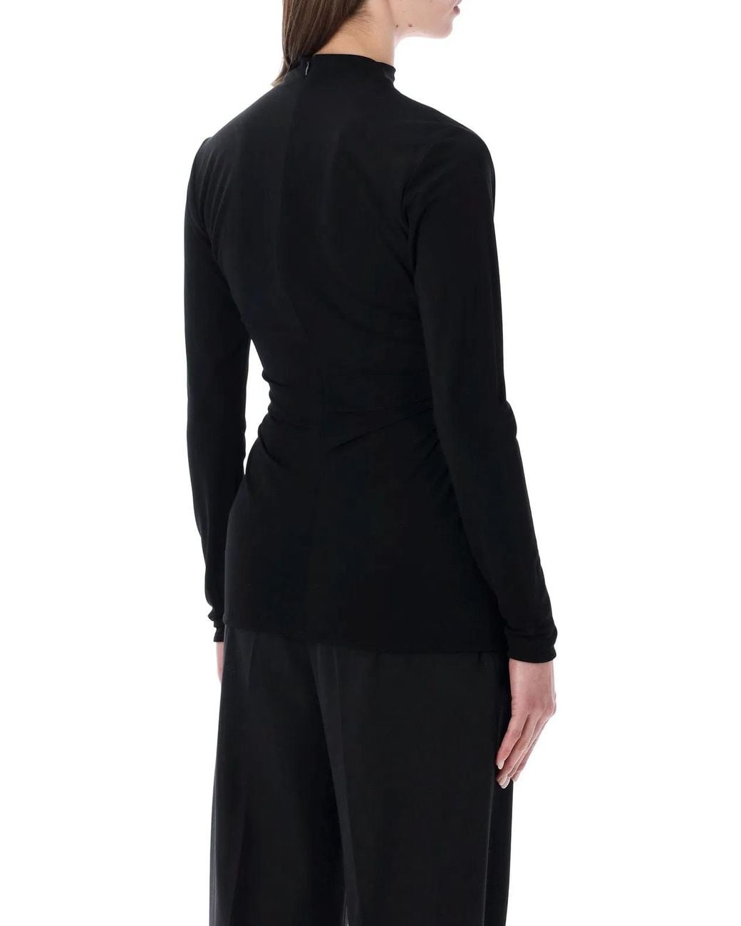 Bottega Veneta Black Long-Sleeve Draped High-Neck Top With Waist Detail