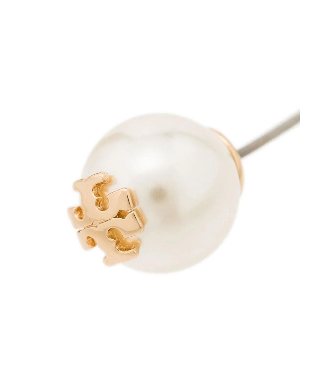 Tory Burch White Tone Logo Pearl Stud Earrings