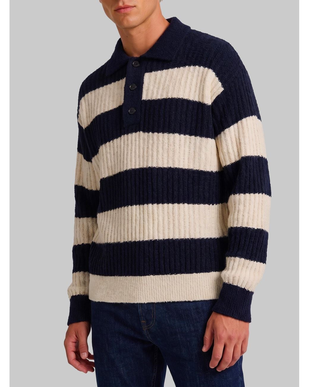 Roberto Collina Blue Ribbed Marinière Polo for men