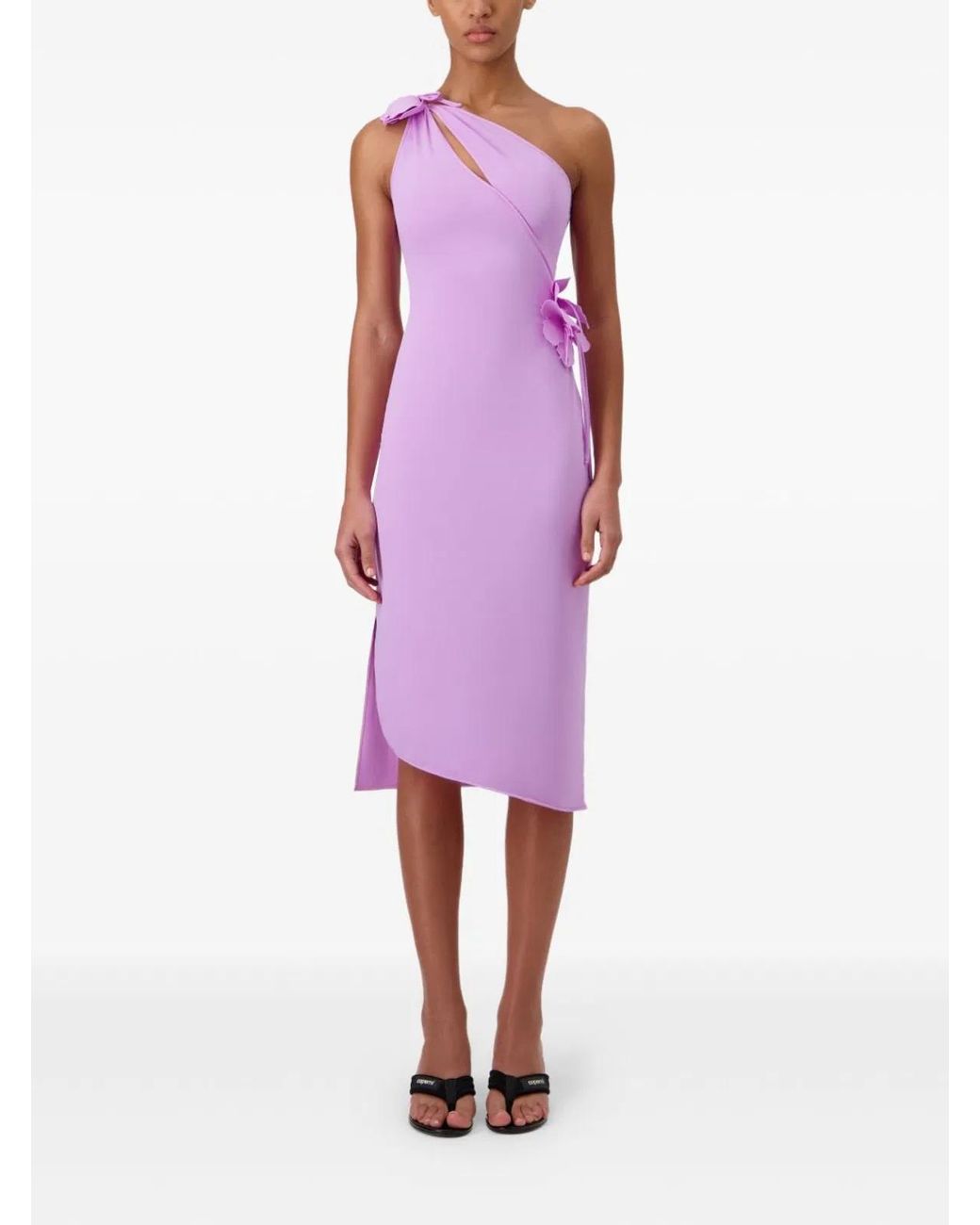 Coperni Purple One-Shoulder Midi Dress With Floral Embellishments