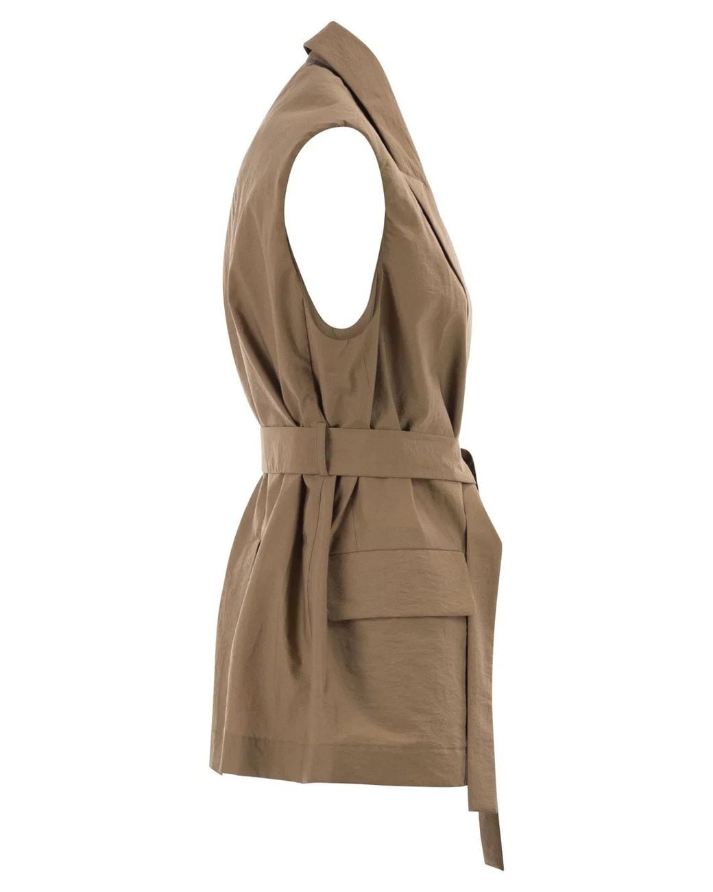 Brunello Cucinelli Brown Techno Cotton Poplin Waistcoat With Belt And Pendant