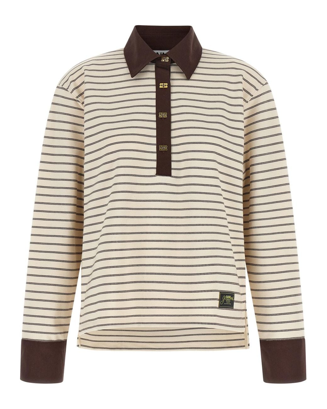 Ganni Brown Striped Cotton Polo Shirt