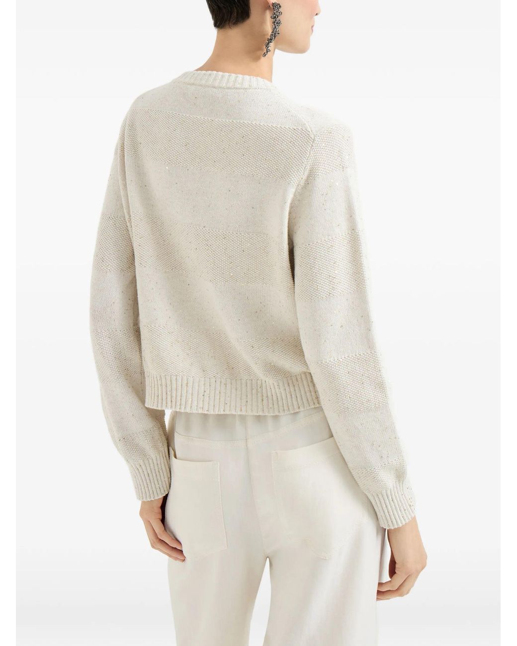 Brunello Cucinelli White Long-Sleeve Crewneck Cotton Sweater